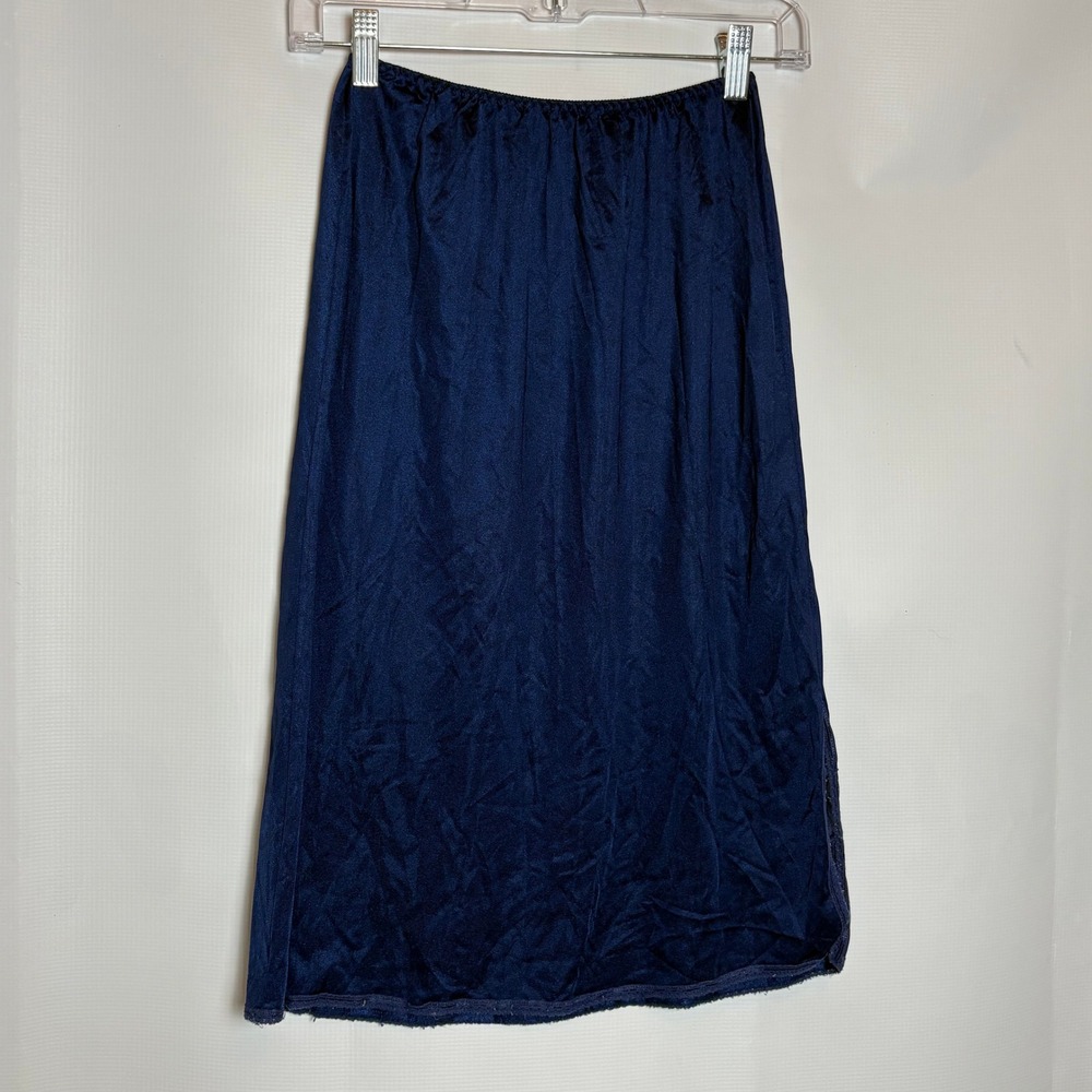 Womens Vintage Navy Blue‎ Midi Slip Skirt Elastic Waist Side Slit Fairy Grunge